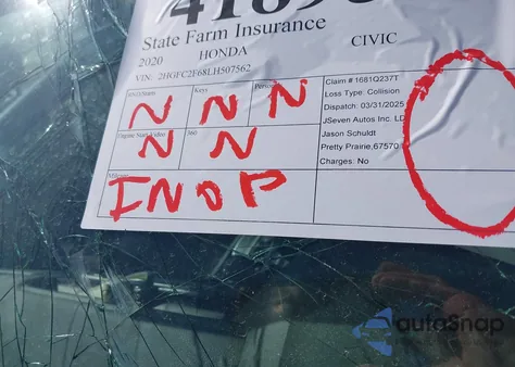 2020 Honda Civic Lx z USA, uszkodzony, nr VIN 2HGFC2F68LH507562